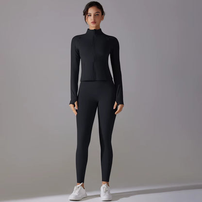 High Quality Women'S Quick Dry Yoga Sports Suit Fashionable Slim Gym Fitness Zipper Track Leggings Breathable Lightweight Jacket