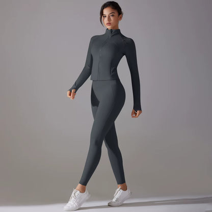 High Quality Women'S Quick Dry Yoga Sports Suit Fashionable Slim Gym Fitness Zipper Track Leggings Breathable Lightweight Jacket