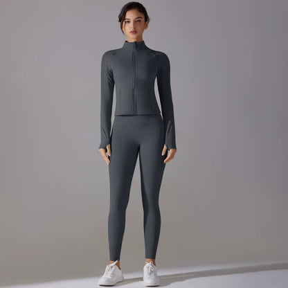 High Quality Women'S Quick Dry Yoga Sports Suit Fashionable Slim Gym Fitness Zipper Track Leggings Breathable Lightweight Jacket
